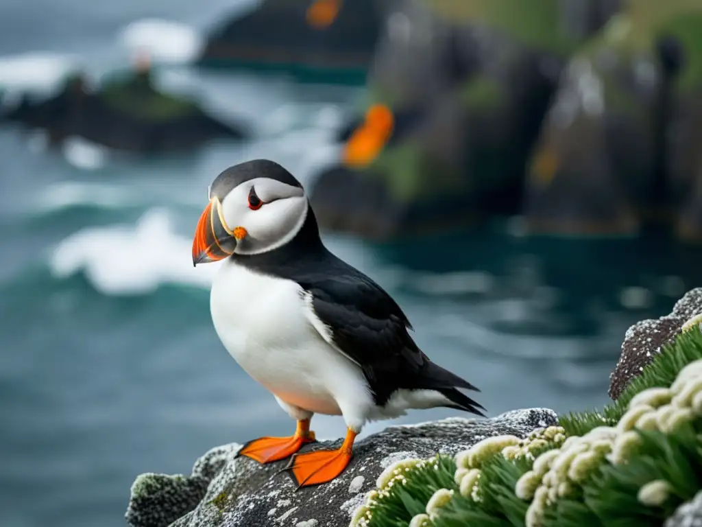 Un frailecillo posado en un acantilado rocoso de las Islas Aleutianas, con su pico naranja brillante y plumaje blanco y negro