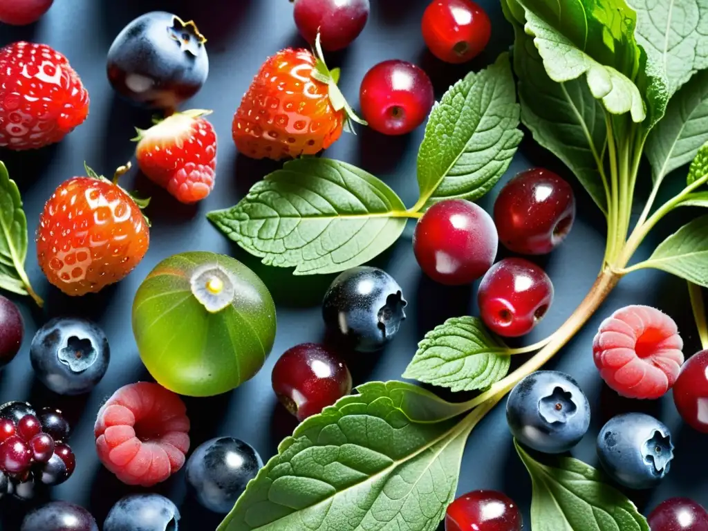 Fresca variedad de frutas y verduras orgánicas, resplandecientes con rocío matutino