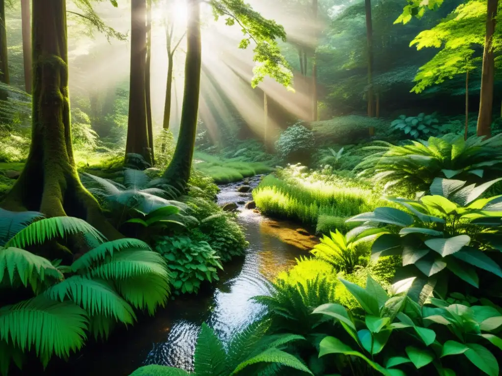 Un frondoso bosque verde lleno de árboles, plantas y vida silvestre