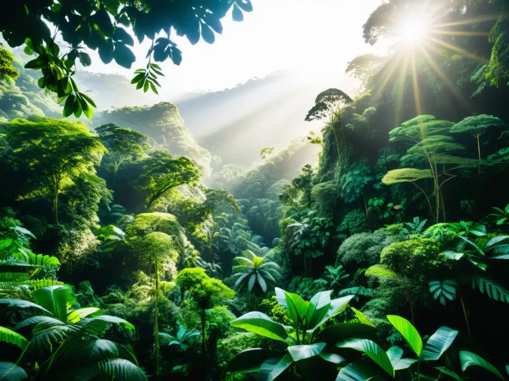 Un frondoso y diverso bosque lluvioso, con luz solar iluminando la exuberante vegetación