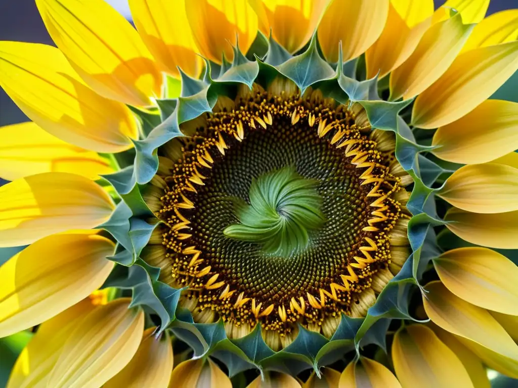 Un girasol vibrante en primer plano, con pétalos dorados y un centro denso de semillas en espiral, bañado por la cálida luz del sol