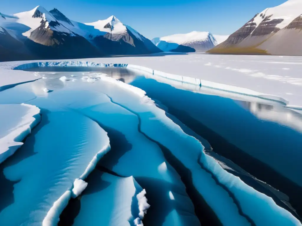 Glaciar ártico derritiéndose, con hendiduras azules y hielo blanco