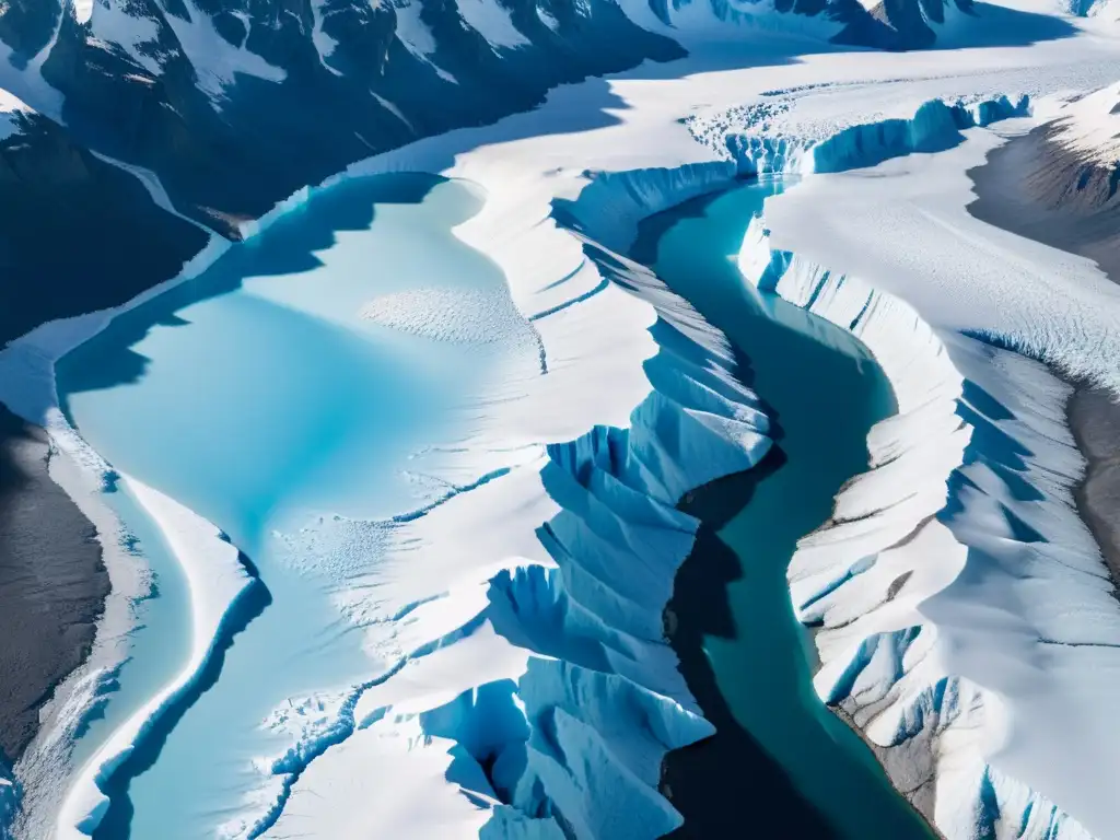 Glaciar majestuoso: reflejos de hielo azul en un paisaje impresionante Un glaciar imponente rodeado de montañas nevadas, con intrincadas grietas y formaciones de hielo azul