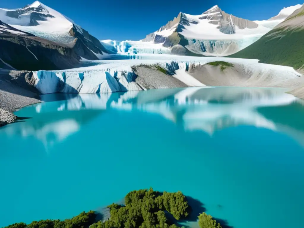 Glaciar derritiéndose en un lago turquesa, reflejando montañas nevadas