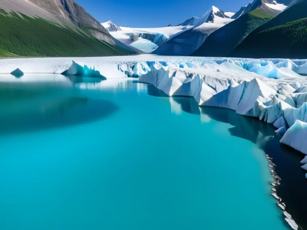 Glaciar masivo impacta agua dulce con fusión de hielo, creando ola dramática en lago turquesa, con montañas de fondo