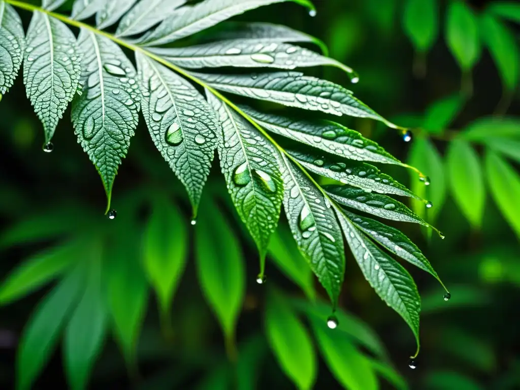 Gotas de agua brillan sobre hojas verdes en la selva lluviosa, creando un espectáculo de colores