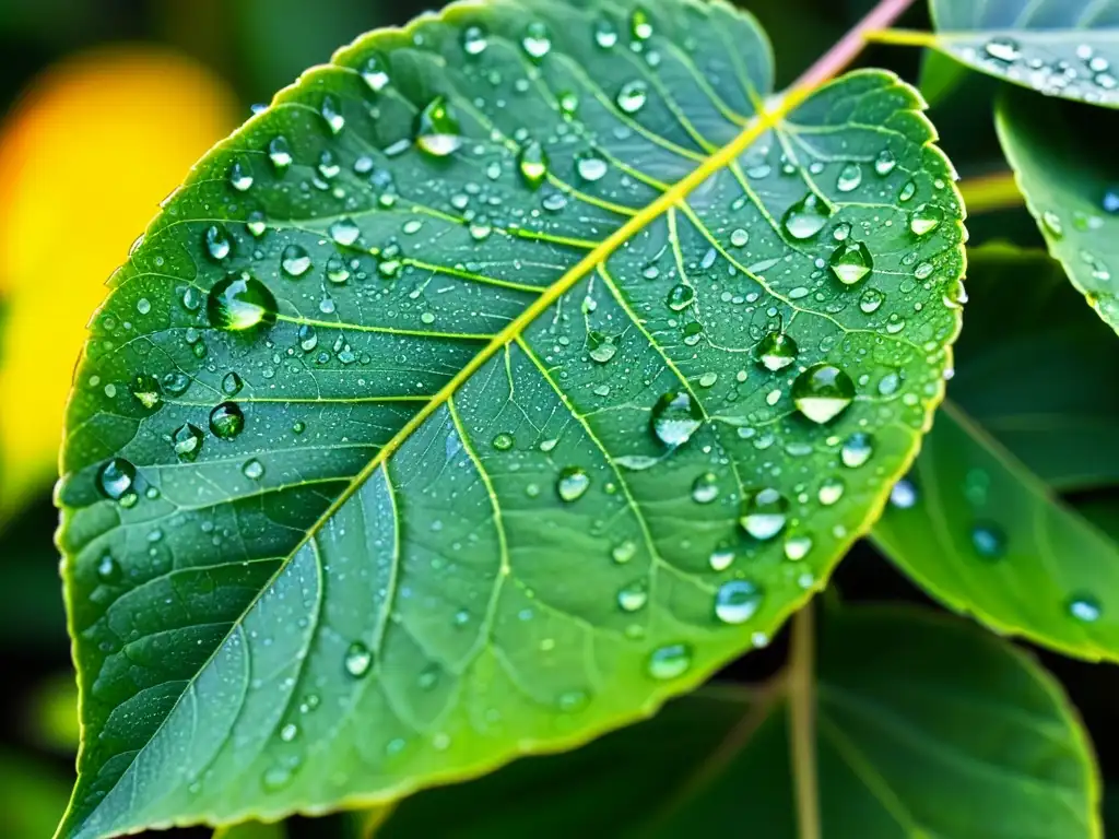 Gotas de lluvia brillan sobre hojas verdes en un jardín, creando un patrón de colores