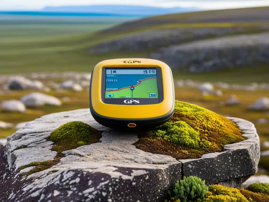 Un GPS para explorar ecosistemas tundra, mostrando coordenadas precisas en una árida y desafiante tierra cubierta de líquenes