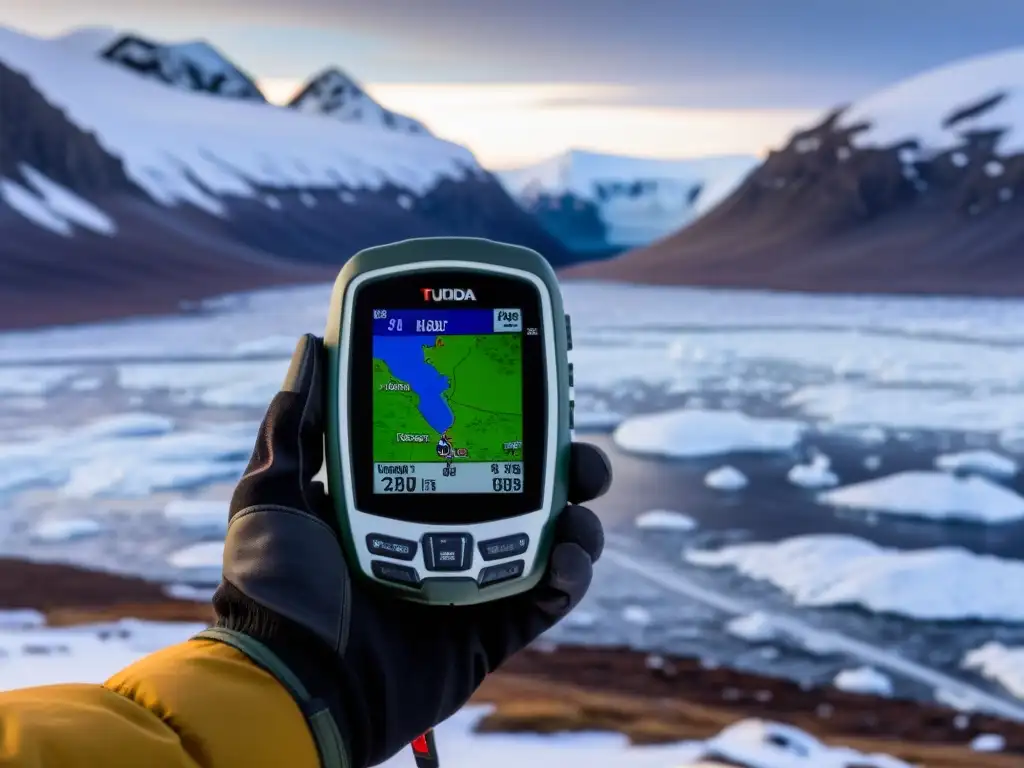 Un GPS resistente a la intemperie se muestra en una mano enguantada sobre un paisaje de tundra helada