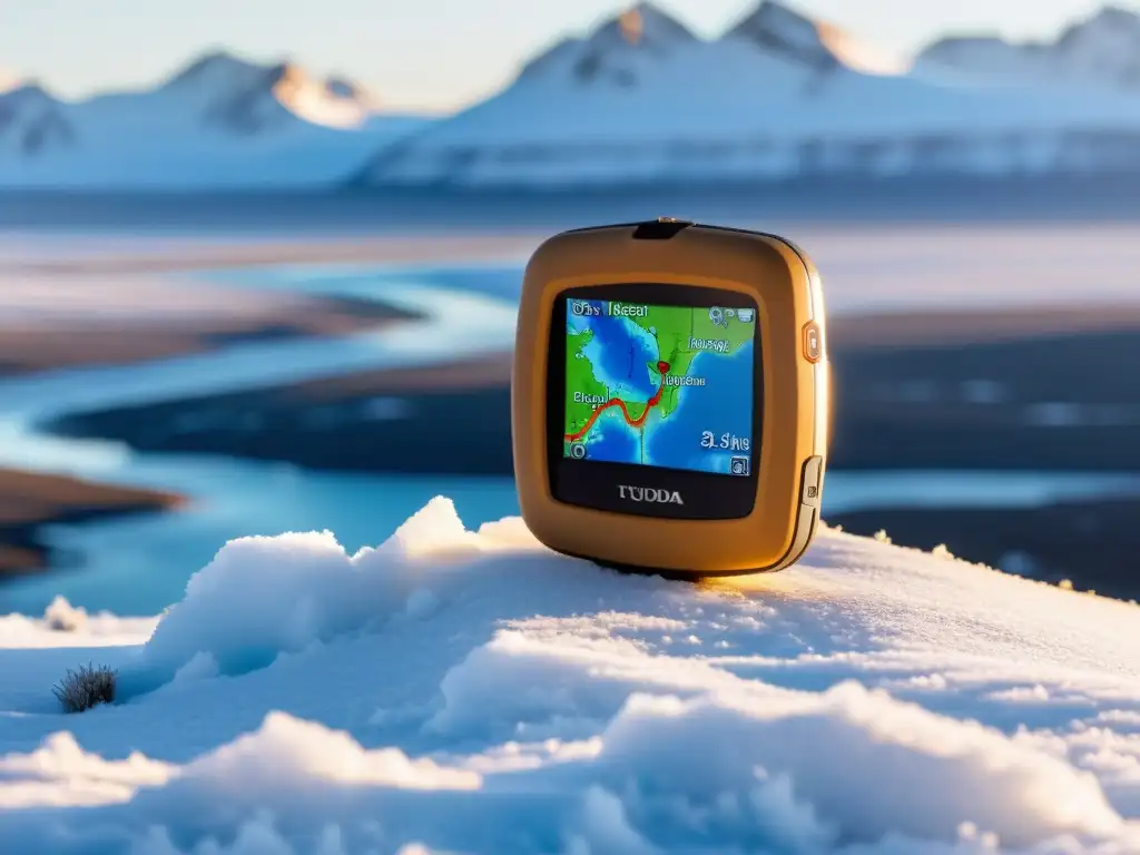 Un GPS resistente en la tundra con pantalla iluminada, ideal para explorar ecosistemas tundra