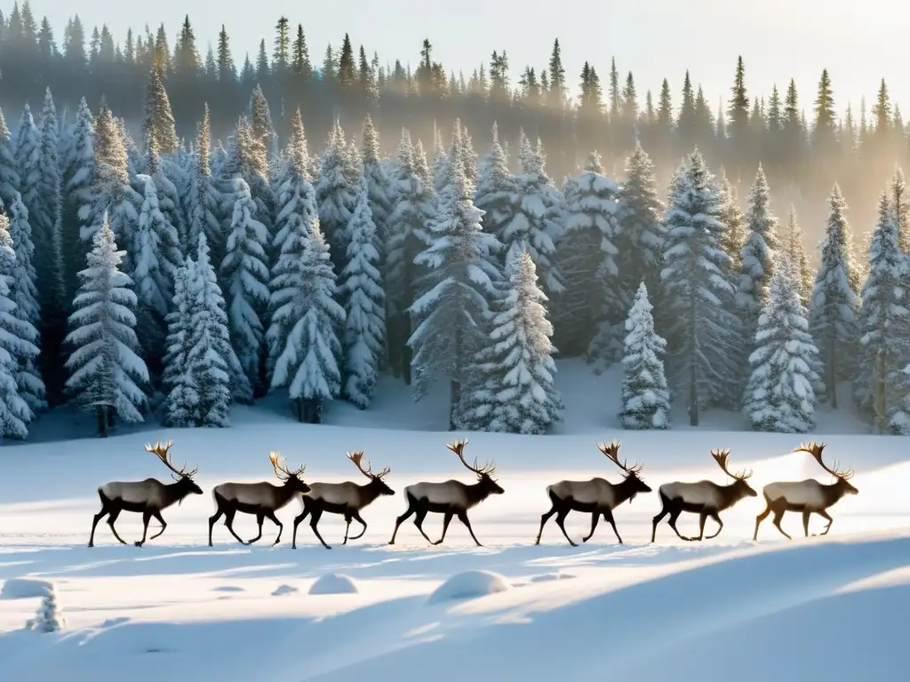 Grandes herbívoros de la taiga, manadas de majestuosos caribúes con sus imponentes cuernos, explorando la nevada y tranquila taiga