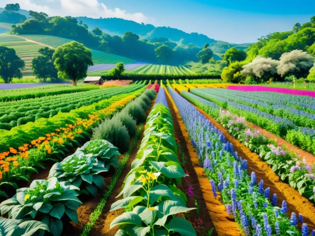 Una granja agroecológica exuberante con cultivos vibrantes y prácticas sostenibles en agroecología, creando armonía y diversidad natural