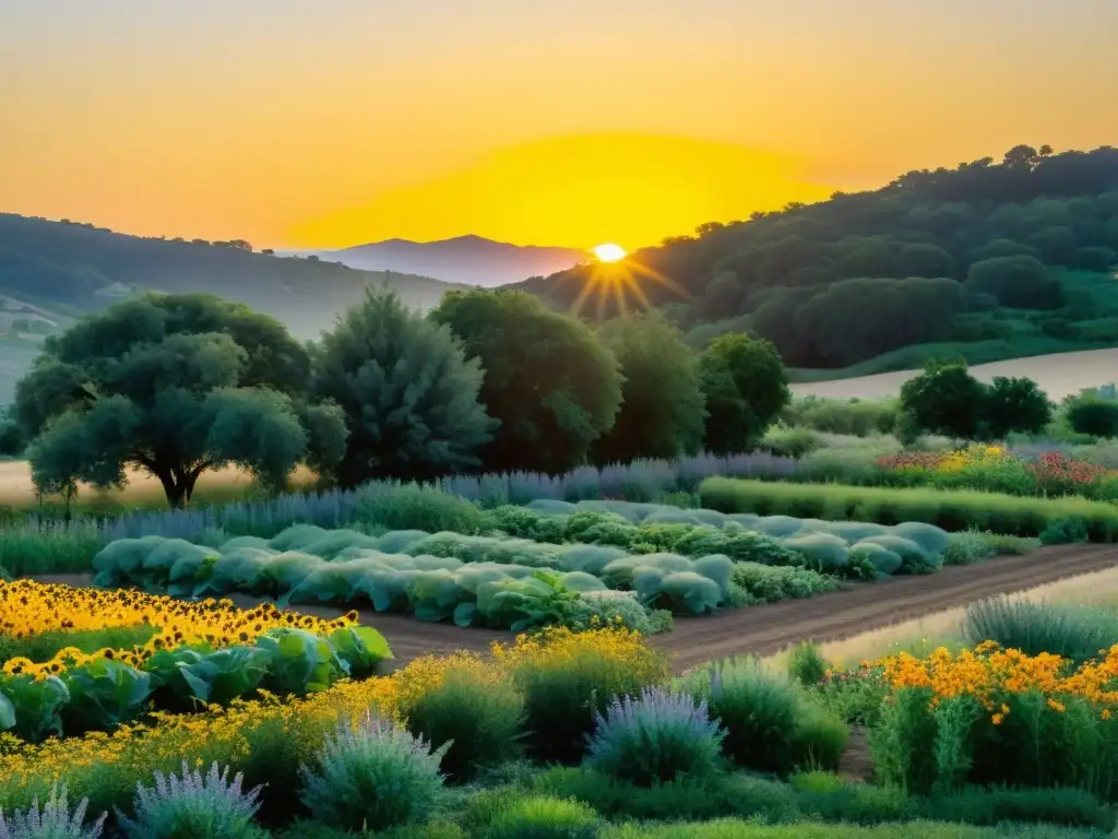 Granja agroecológica exuberante y diversa, donde prácticas agrícolas protegen biodiversidad