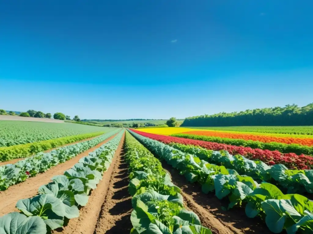 Una granja ecológica rebosante de vida y color, muestra el impacto de la agricultura ecológica vs convencional con armonía y abundancia