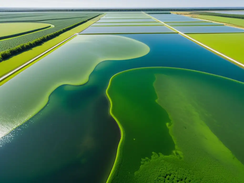 Una granja de microalgas en pleno funcionamiento, con tonos verdes vibrantes y un patrón visualmente impactante