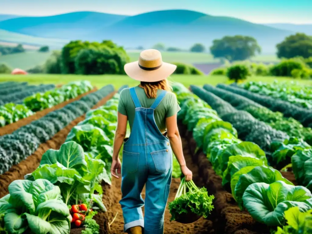 Una granja orgánica bañada por el sol, donde un granjero cuida de verduras frescas