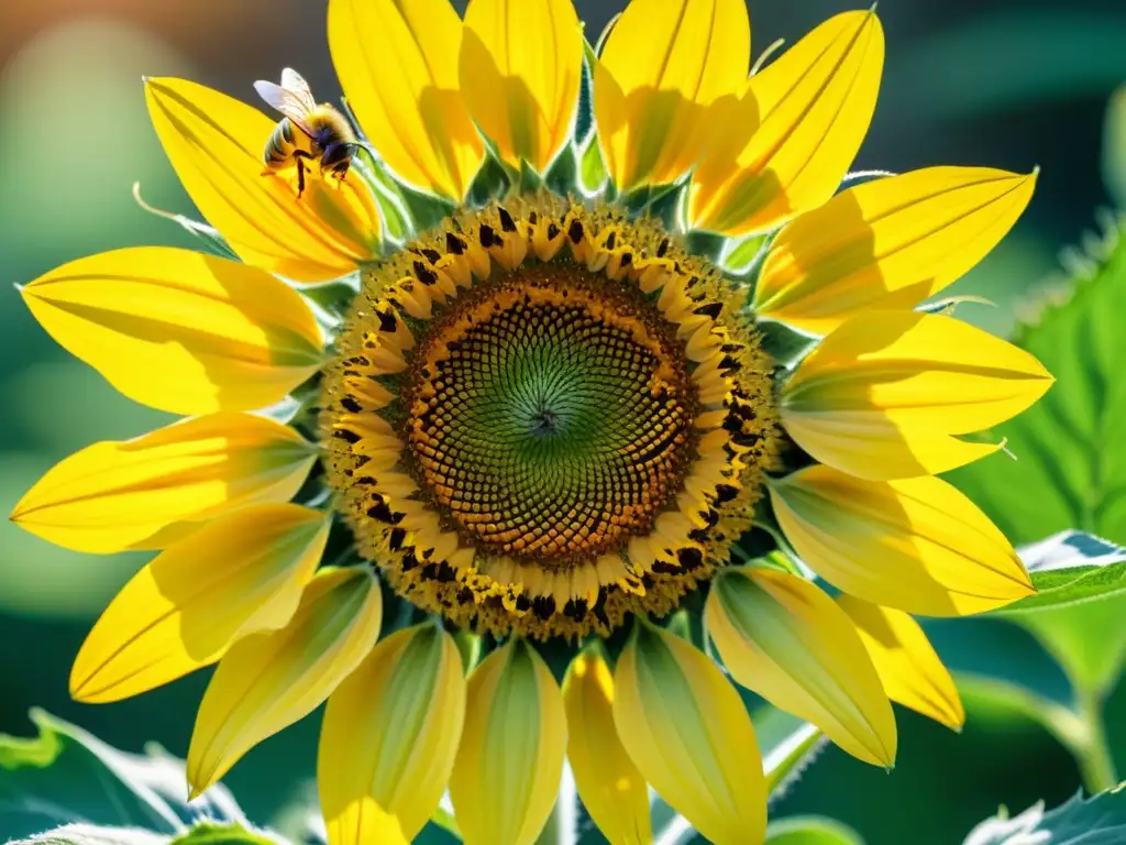 Una granja orgánica bulliciosa con una abeja polinizando una hermosa flor de girasol