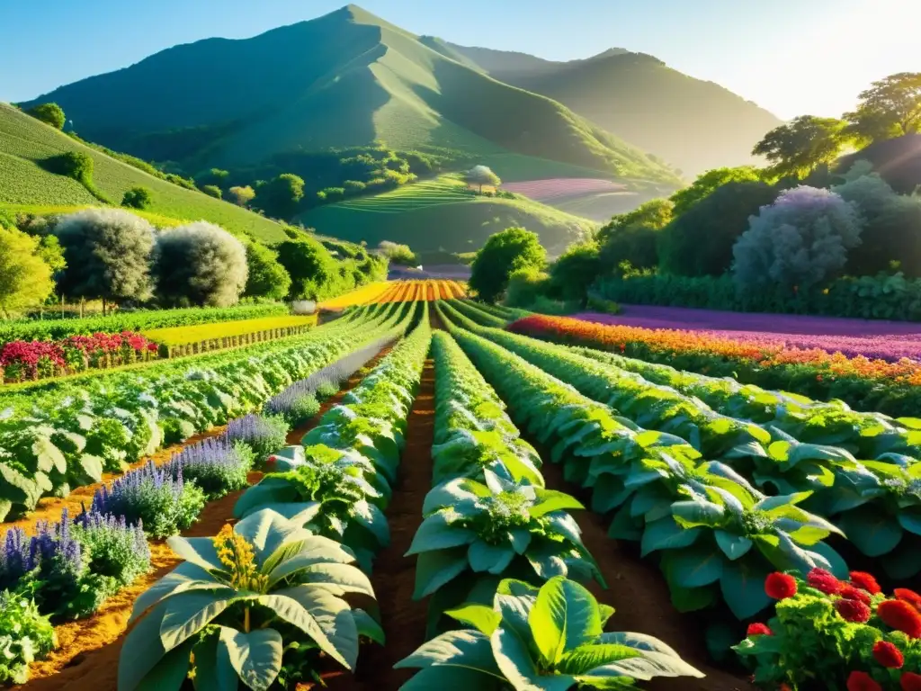 Una granja orgánica exuberante y diversa con cultivos vibrantes, flores nativas y fauna