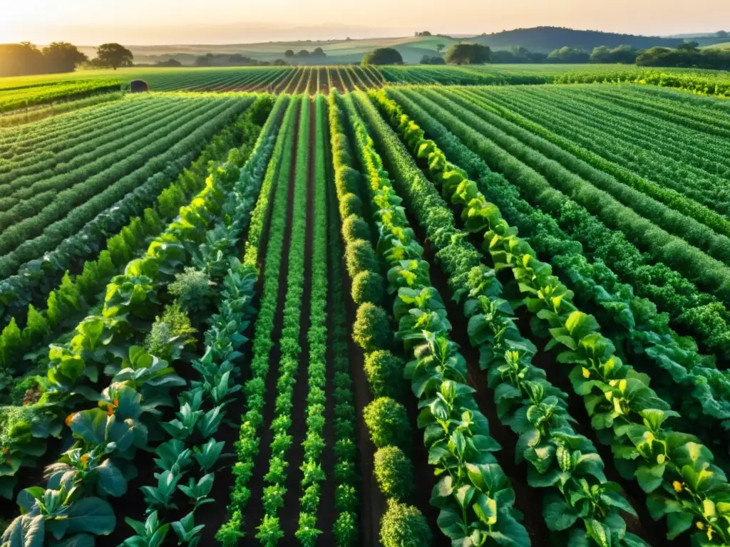 Una granja orgánica exuberante se extiende ante el espectador, con cultivos verdes y saludables bañados por el cálido sol