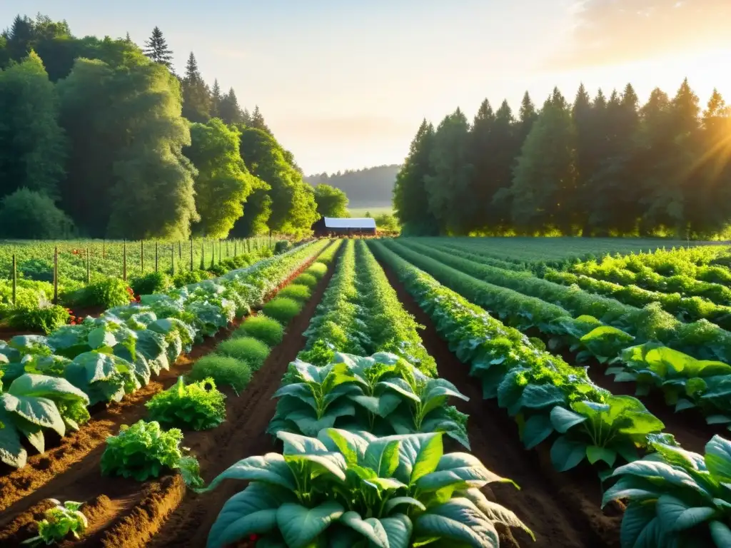 Una granja orgánica exuberante y vibrante, con una diversidad de cultivos creciendo en armonía