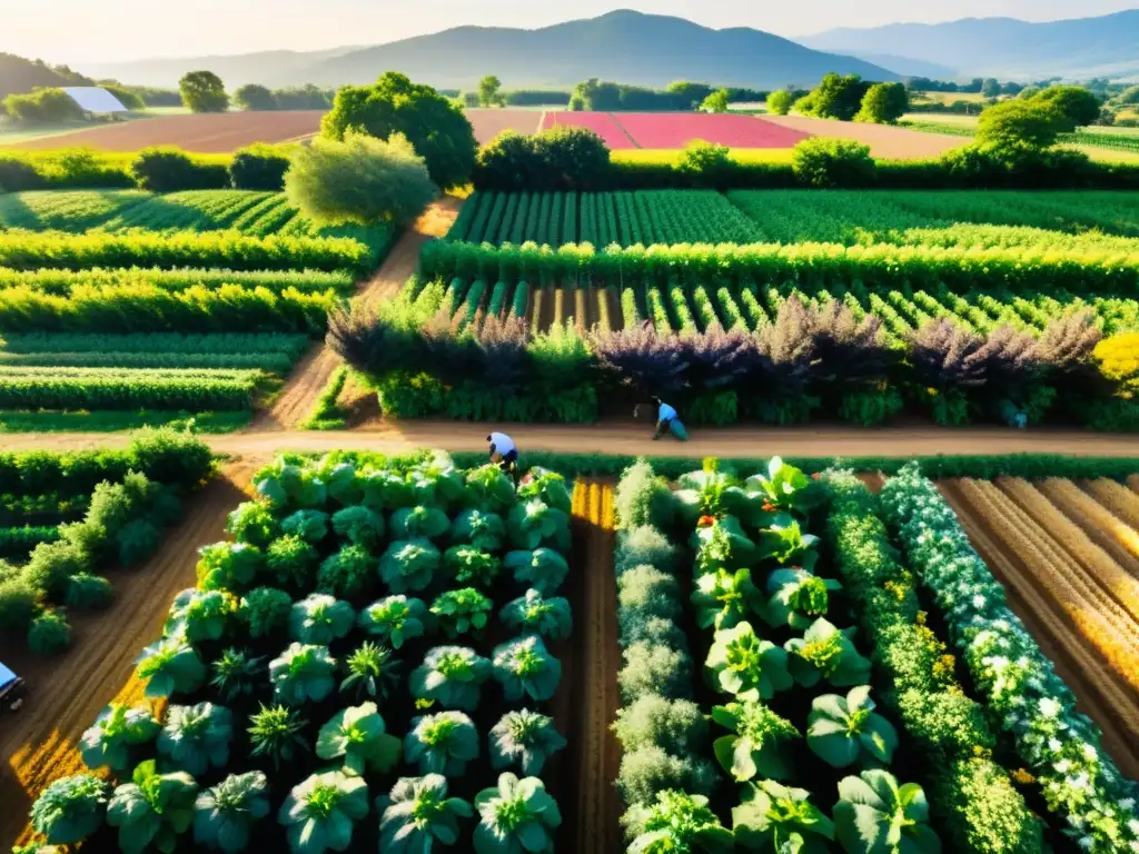 Una granja orgánica exuberante y vibrante, con hileras de vegetales coloridos y árboles frutales cargados de frutas maduras