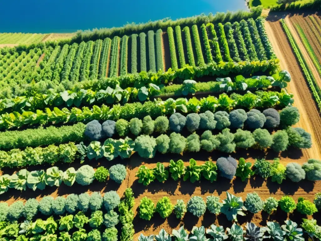 Una granja orgánica exuberante y vibrante con cultivos de frutas y verduras, bañada por el sol y cuidada por agricultores