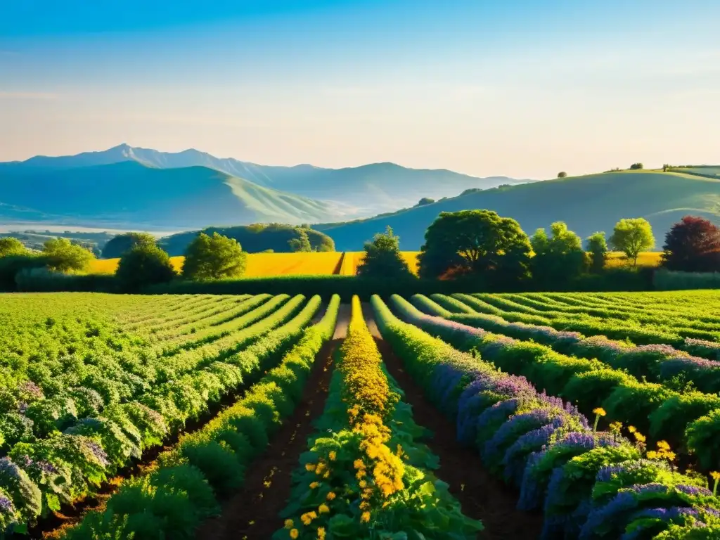 Una granja orgánica exuberante y vibrante, con cultivos coloridos que se extienden bajo un cielo azul claro y colinas onduladas