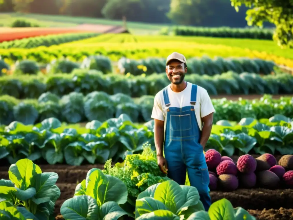 Una granja orgánica exuberante y vibrante con frutas y verduras coloridas bañadas por la luz dorada