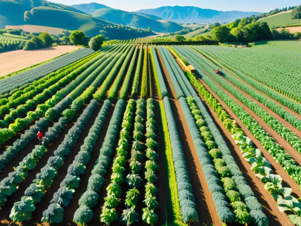 Una granja orgánica exuberante y vibrante con filas de frutas y verduras coloridas, bañada por la luz del sol