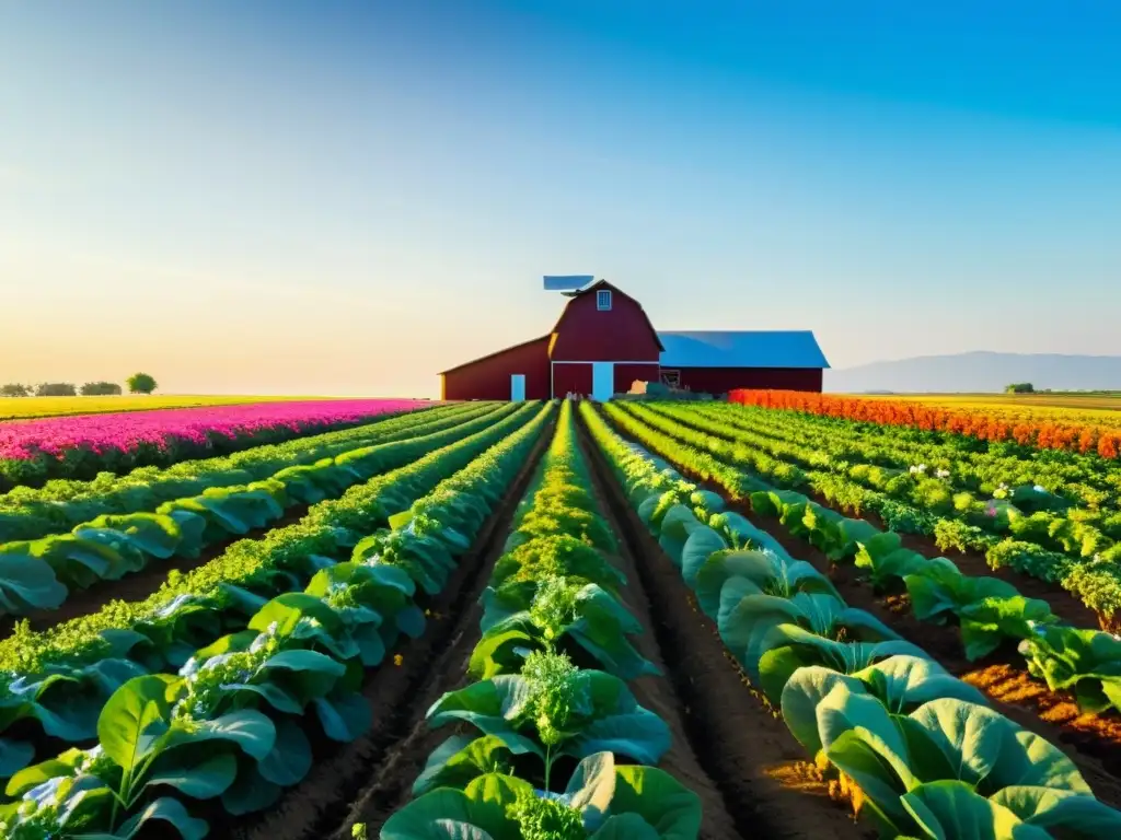 Una granja orgánica exuberante y vibrante, con hileras de vegetales coloridos bajo un cielo azul claro