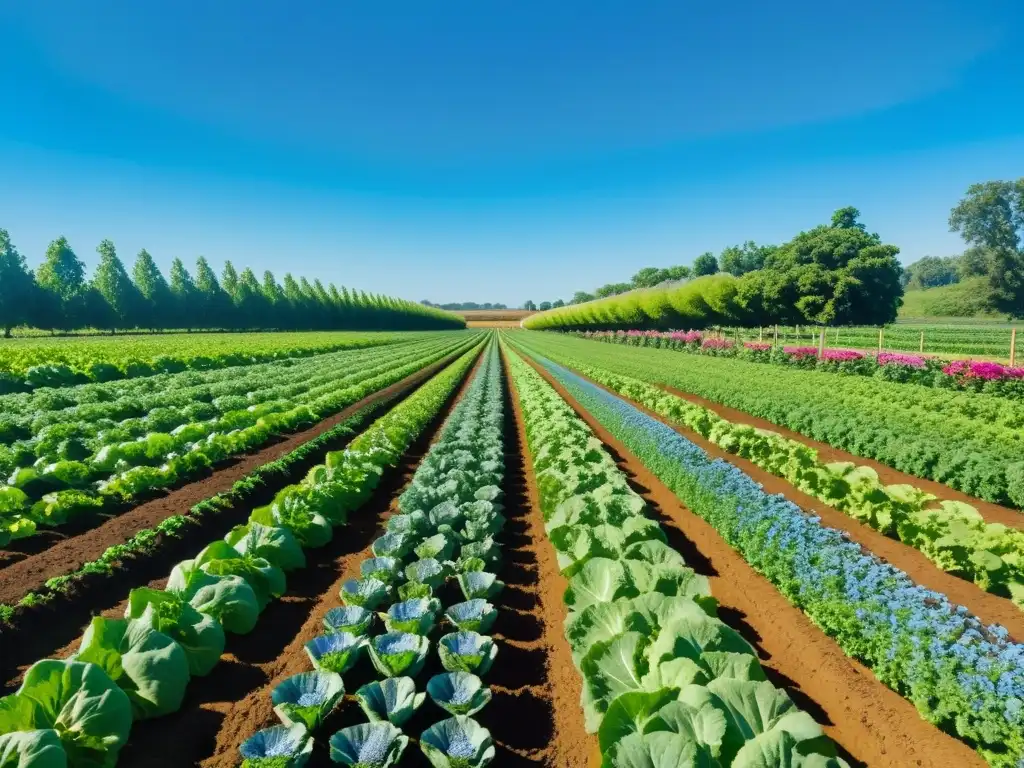 Granja orgánica con impacto en ecosistemas: cultivos exuberantes, biodiversidad y métodos sostenibles bajo cielo azul