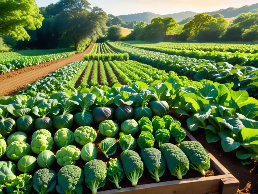 Una granja orgánica rebosante de vegetales y frutas, bañada por el sol