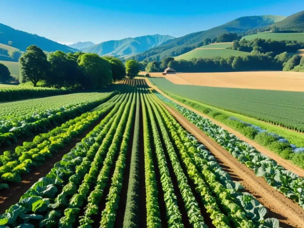 Granja orgánica sostenible con cultivos verdes y paisaje natural, dieta orgánica sostenibilidad planeta