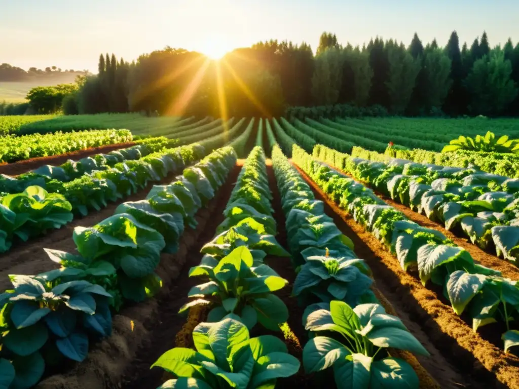 Una granja orgánica vibrante y exuberante, con frutas y verduras coloridas bañadas por la luz dorada del sol