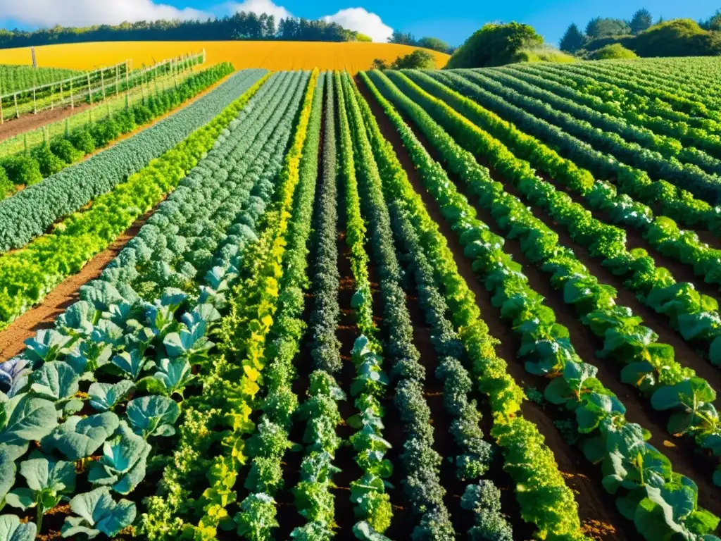 Una granja orgánica vibrante y exuberante iluminada por el sol, con cultivos de hojas verdes y vegetales