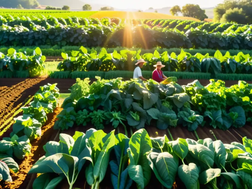 Una granja orgánica vibrante y exuberante llena de frutas y verduras maduras y coloridas, bañada por la cálida luz del sol