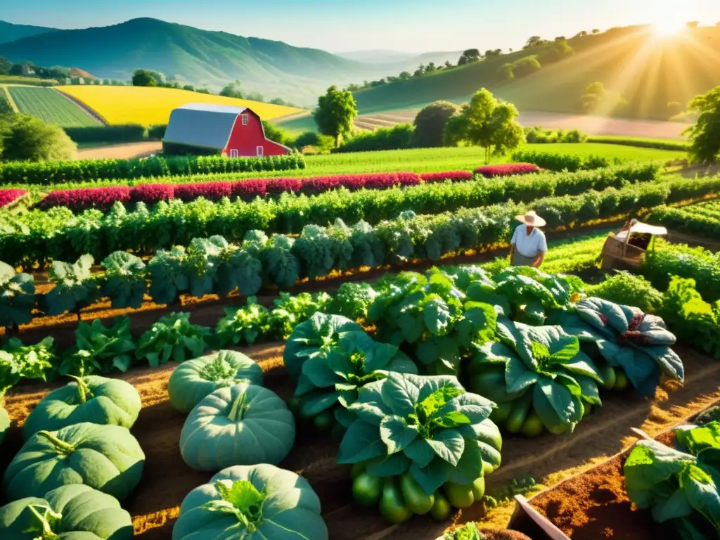 Una granja orgánica vibrante y frondosa llena de frutas y verduras coloridas, bañada por el sol