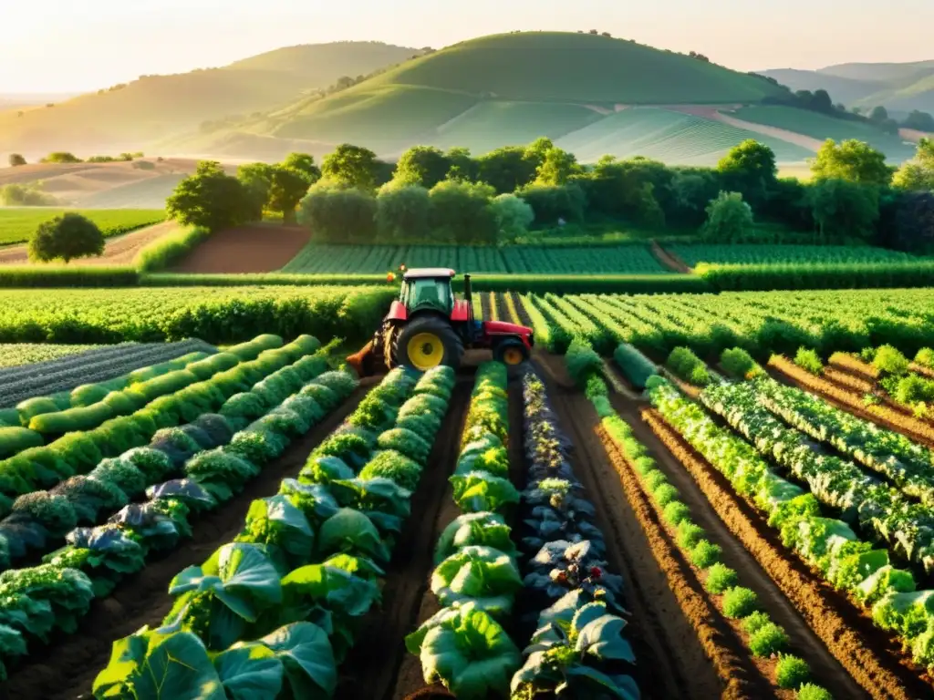 Una granja orgánica vibrante con frutas y verduras coloridas, un agricultor cuidando los cultivos y un tractor arando la tierra