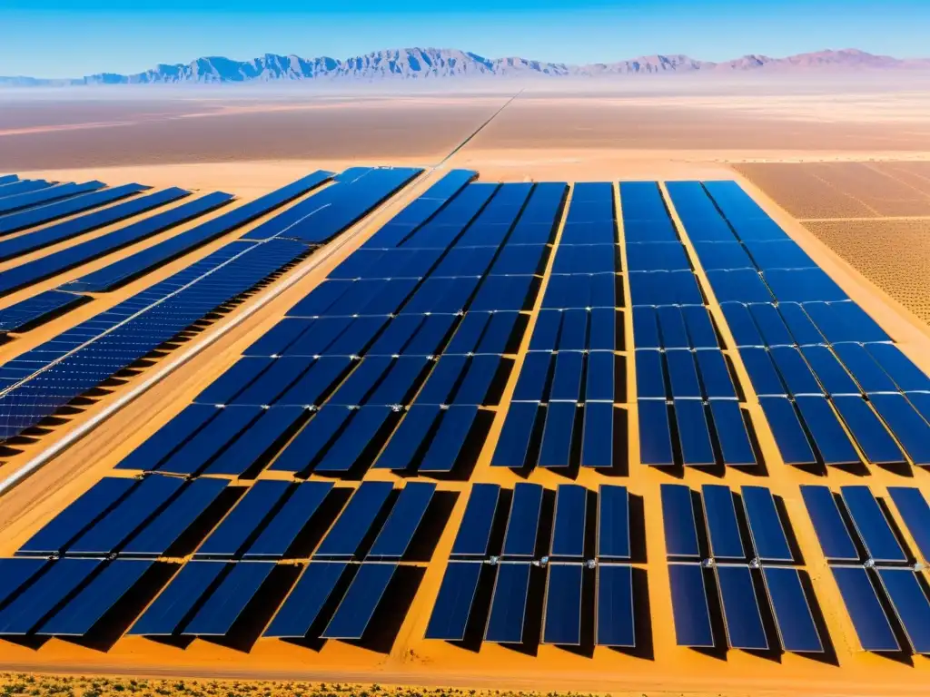 Una granja de paneles solares en un vasto desierto, capturando la luz del sol