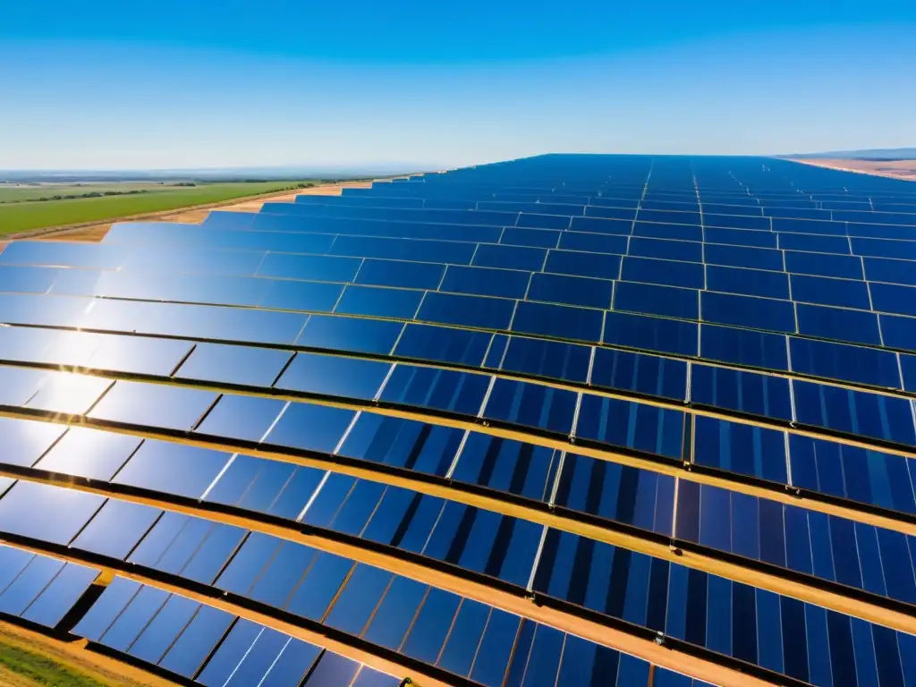 Una granja solar extensa bajo un cielo azul claro, con paneles relucientes y trabajadores a lo lejos