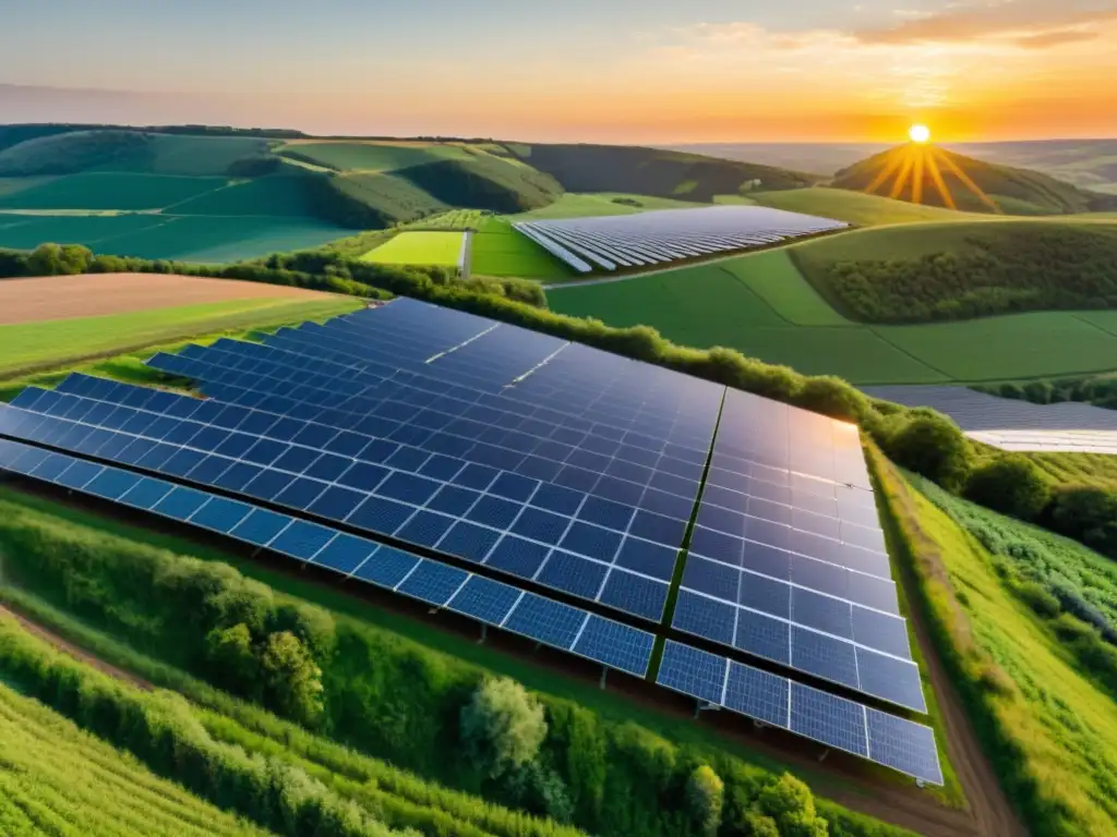 Una granja solar integrada en un paisaje natural, con ingenieros inspeccionando paneles solares