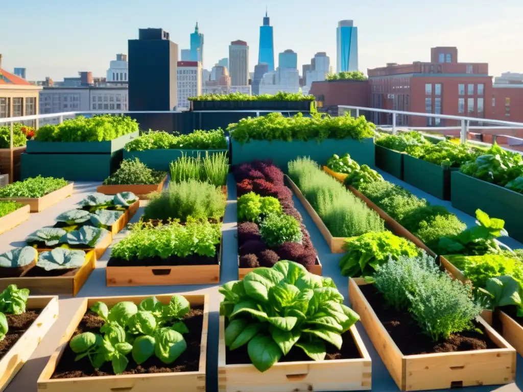 Granja urbana orgánica: oasis verde en la azotea de la ciudad, con diversidad de personas cosechando y aprendiendo sobre alimentación sostenible