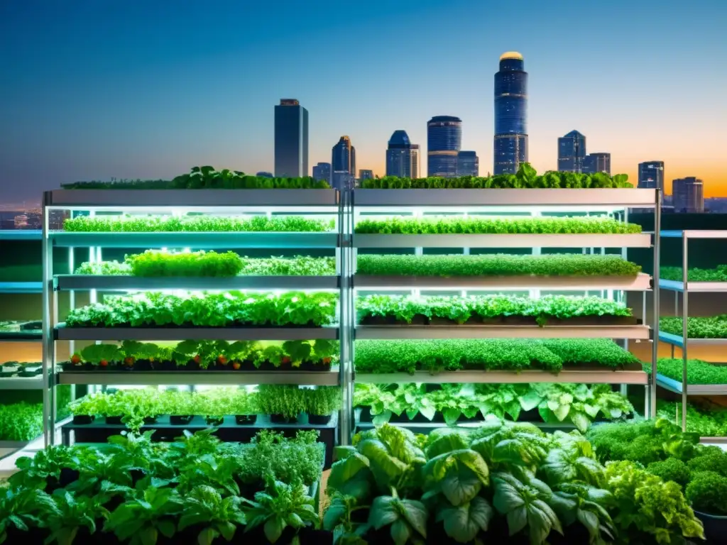 Una granja urbana vertical muestra agricultura sostenible en áreas urbanas con cultivos y luces LED