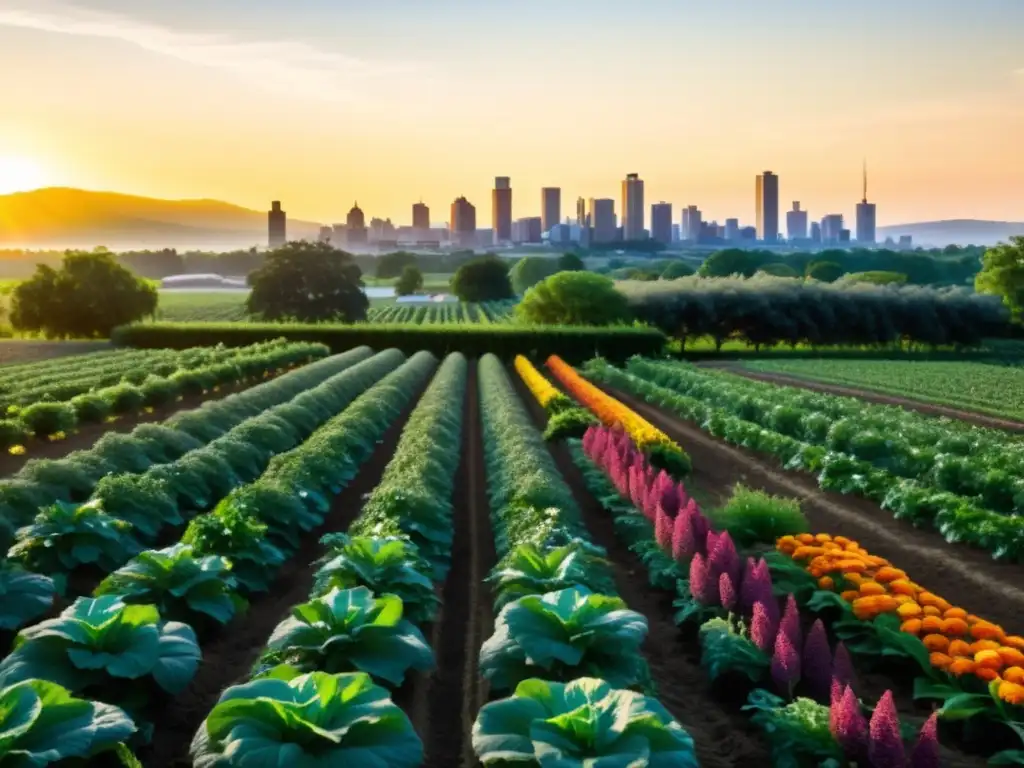 Granja orgánica vibrante con cultivos coloridos y abundante vegetación, contrastando con la ciudad