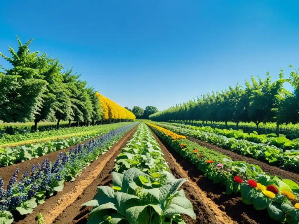 Granja orgánica vibrante y exuberante con diversidad de frutas y verduras, beneficios alimentos orgánicos ecosistemas