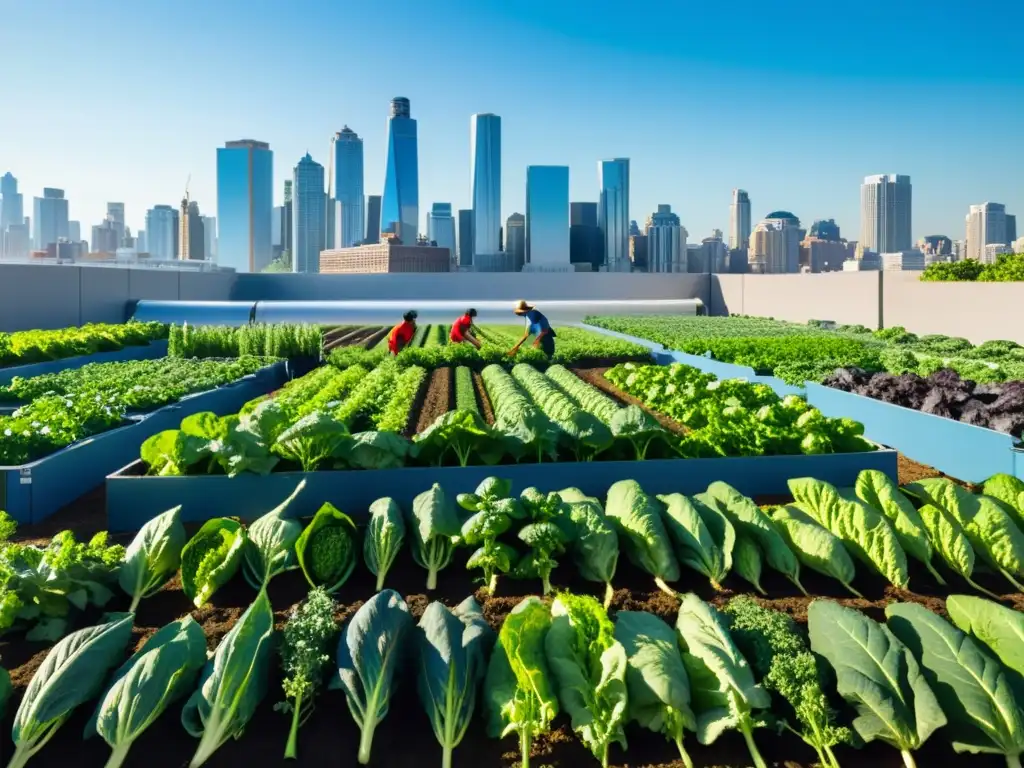 Granjas urbanas orgánicas alimentación sostenible: Vibrante huerto en la azotea de la ciudad, agricultores cosechando en armonía con el entorno urbano