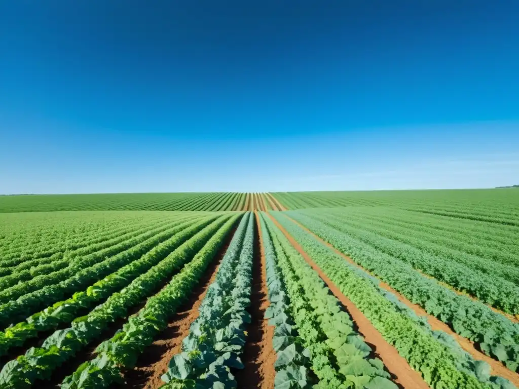 Un granjero cuida de cultivos en un campo verde y exuberante bajo un cielo azul claro