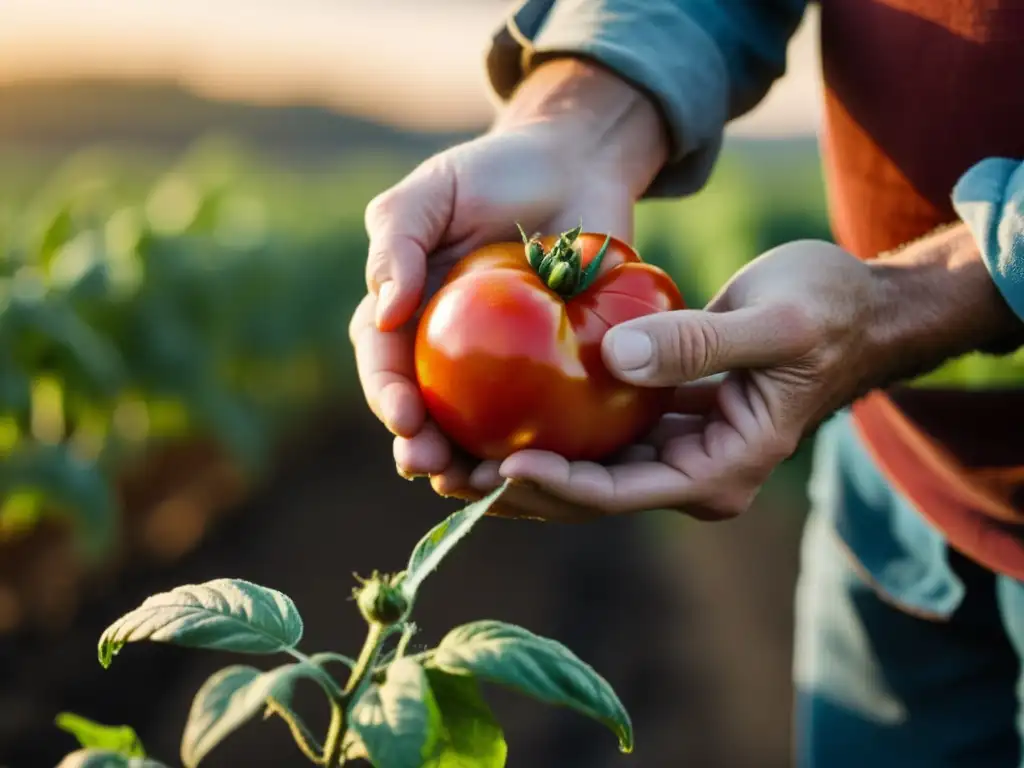 Un granjero inspecciona con orgullo un tomate orgánico recién cosechado, destacando los beneficios de los alimentos orgánicos para la salud