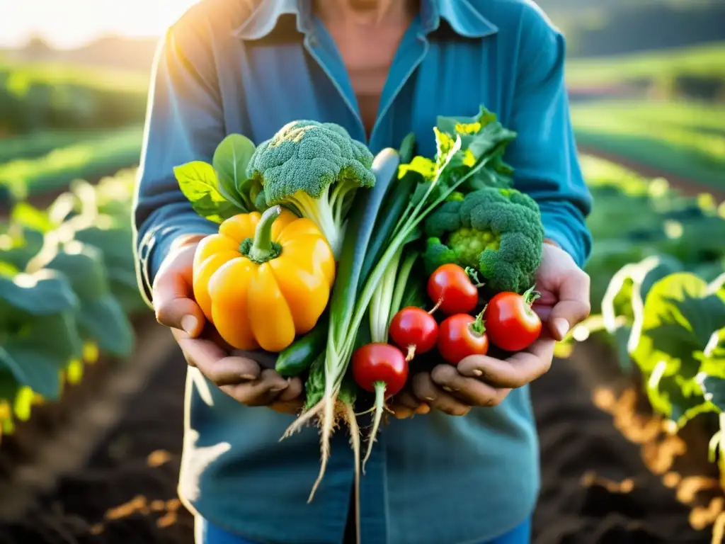 Un granjero sosteniendo una variedad de verduras orgánicas recién cosechadas, con tierra fértil y vegetación exuberante