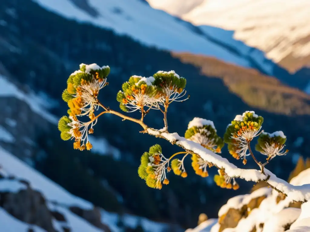 Un grupo de abedules enanos en un paisaje invernal escandinavo, mostrando adaptaciones del abedul enano en la nieve y las rocas